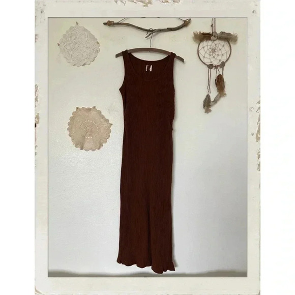Brown Maternity Ribbed Knit Sleeveless Tank Stretchy Bodycon Flowy Maxi Dress - Picture 1 of 1